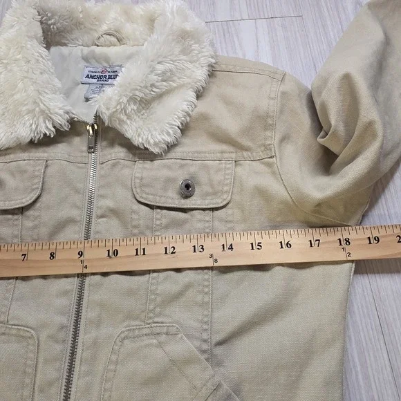 Vintage Anchor Blue Faux Fur Collar Canvas Jacket M Satin‎ Lined Cropped Y2K - Picture 7 of 9